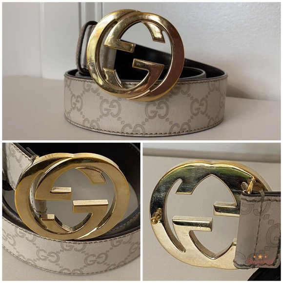 Authentic Gucci Cream Guccissima Leather Gold Interlocking G Buckle Belt 85/34 - Picture 5 of 13
